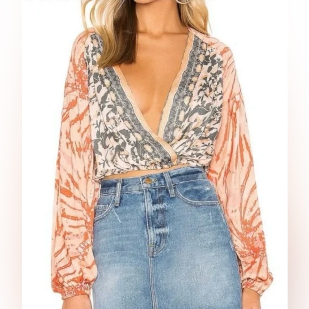 Free People Blouse Top oversized XS wrap style long sleeves crossover